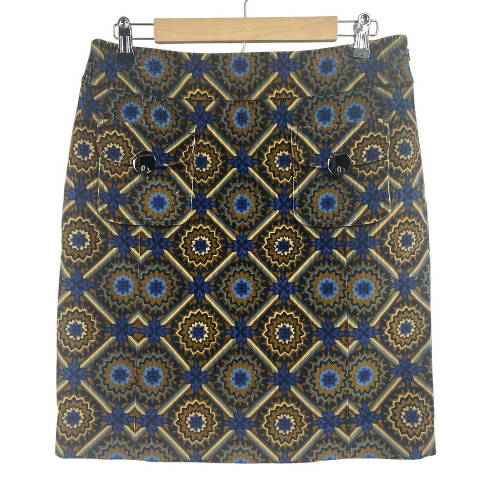 Ectetera Jewel Tone Geo Print Embellished Pocket Pencil Skirt Size 8 Mid Mod